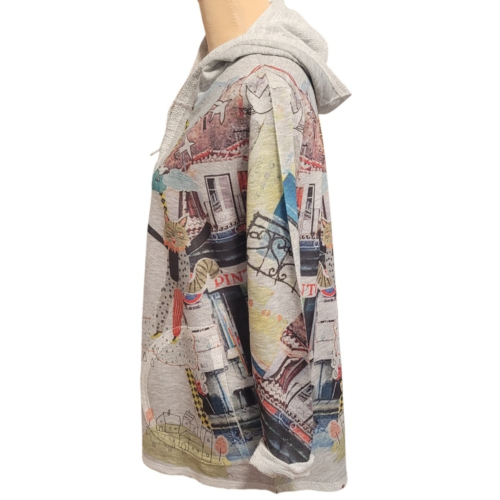 Inoah Zip Hoodie Gray S Paris Cat Graphic Art Print Lagenlook Made in USA Boho - Picture 3 of 9